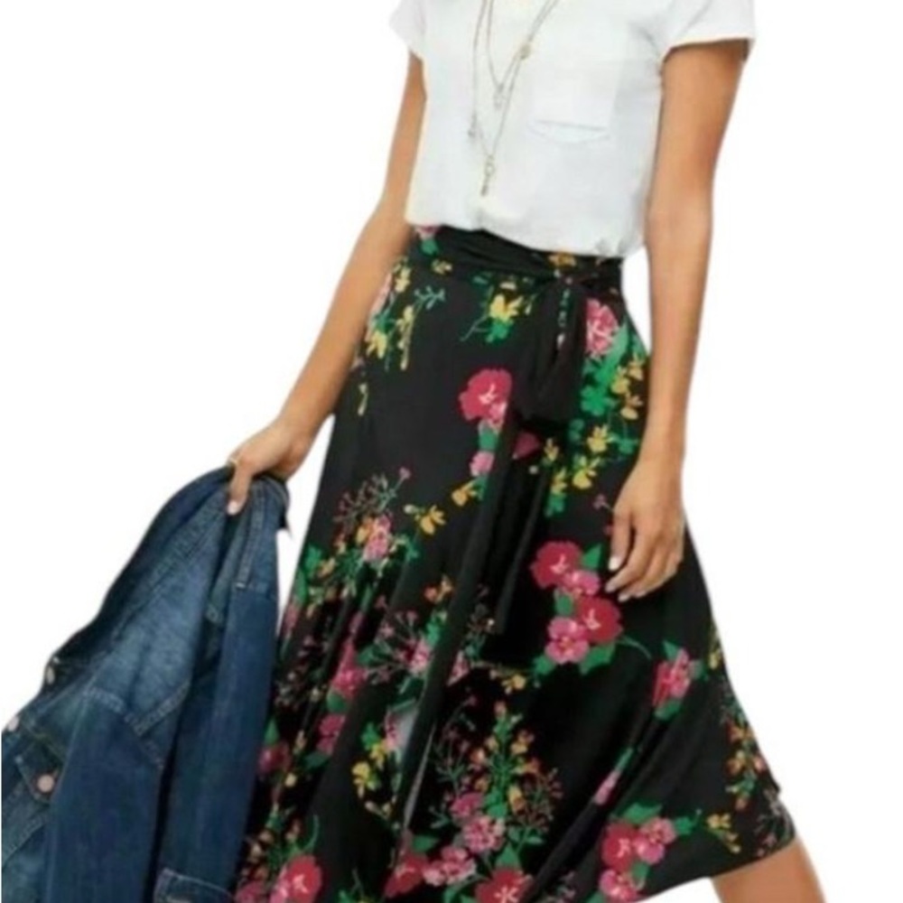 CAbi Black and Pink Midi Wrap Skirt Asymmetrical A-line